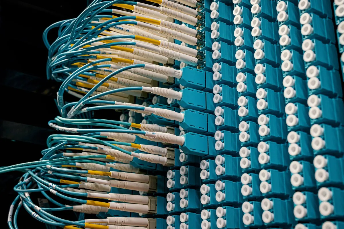 Fibre optic patch cables connected to a patch panel